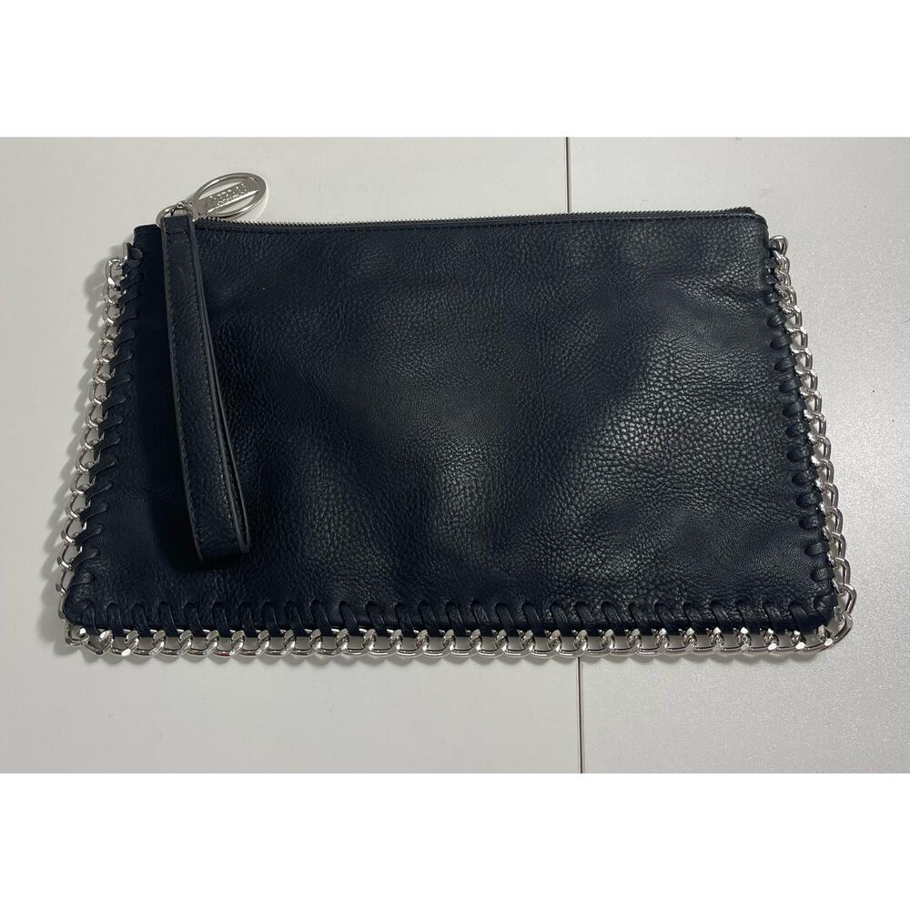 Carlos Santana Black Soft Leather & Silver Chain Edge Clutch Wristlet Retro